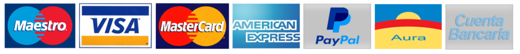 Pasarela o métodos de pago como Maestro Visa MasterCard American Express Paypal Aura y Cuenta Bancaria