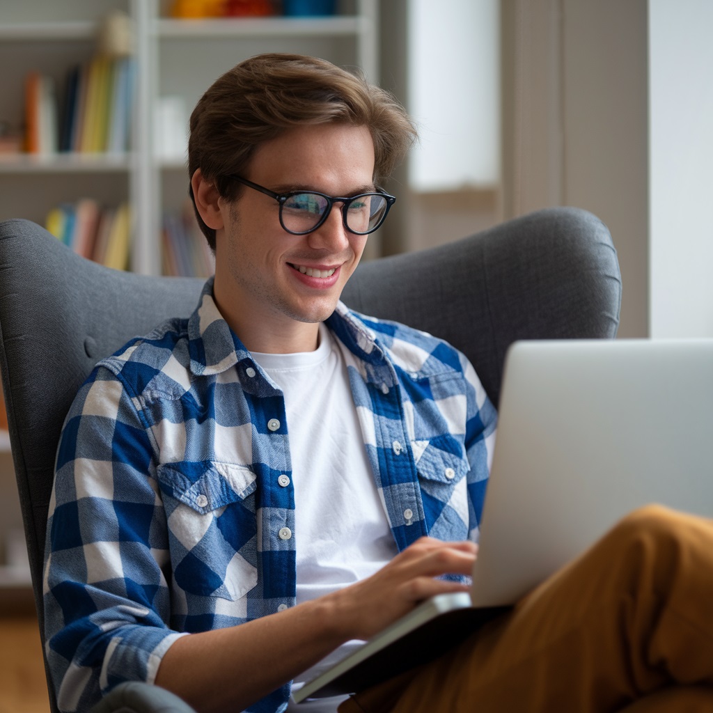Alumno de Hackmarking preparándose desde su laptop para una exposición usando una camisa azul a cuadros y unos lentes negros