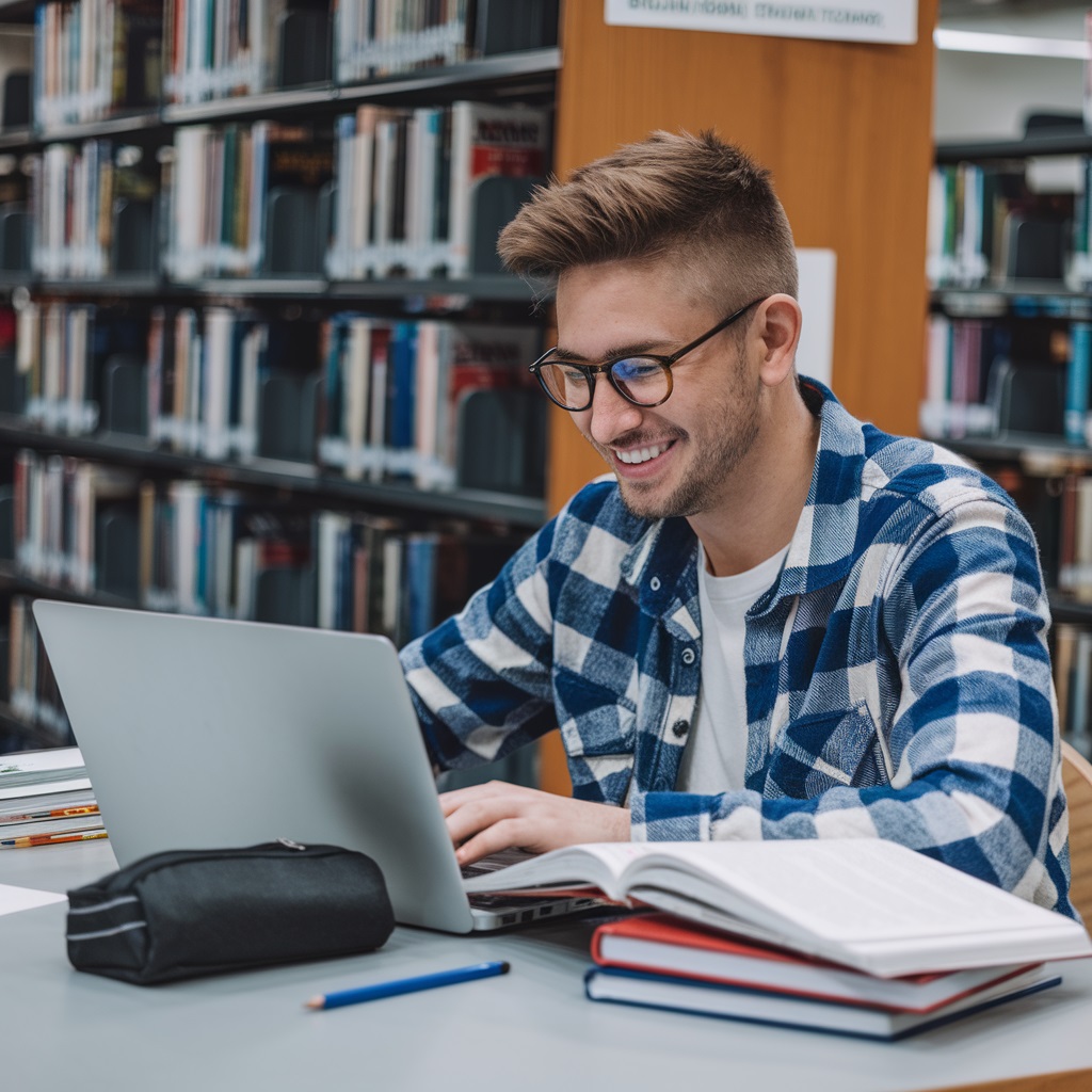 Hombre joven con lentes sonriendo frente a una laptop en una biblioteca