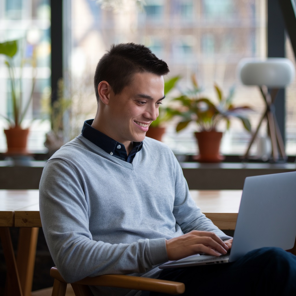 joven con un abrigo viendo su curso en su laptop rodeado de plantas