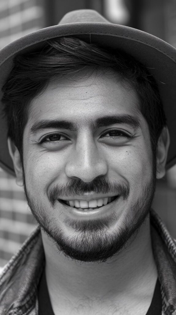 Joven con sombrero clásico pequeño mirando a la cámara en blanco y negro