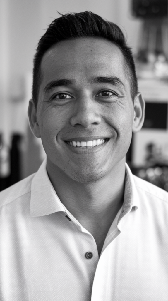 Muchacho moreno mirando al frente sonriendo y con aspecto latino en blanco y negro