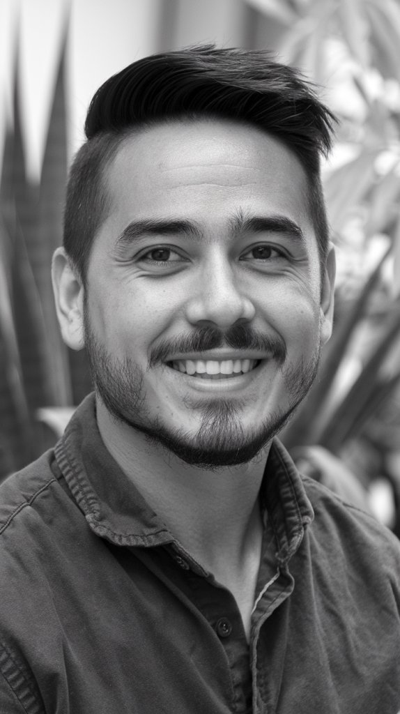 Muchacho de cabello corto con apariencia de hispanohablante sonriendo y viendo a la cámara en blanco y negro