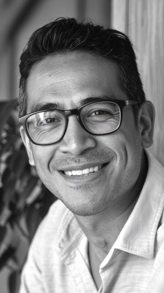 Señor con lentes mirando a la cámara sonriendo un poco en blanco y negro
