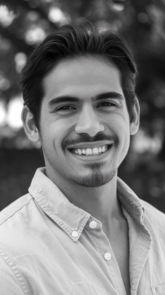 Joven con barba y bigote sonriendo mirando a la cámara en blanco y negro