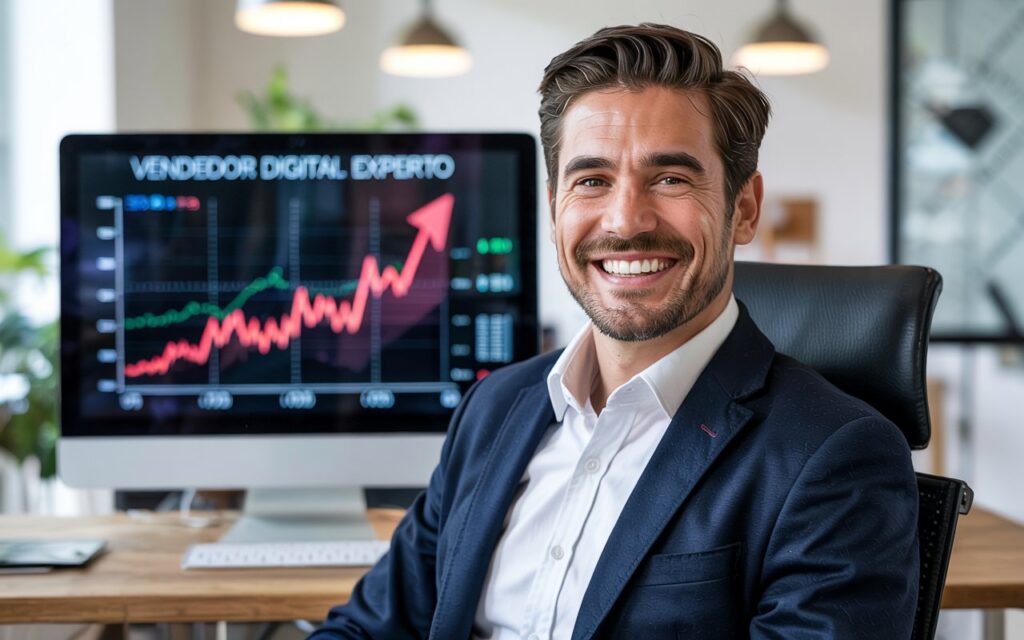 Hombre con traje elegante muy sonriente y atrás se muestra un monitor de computadora que muestra un gráfico de ventas a la alza