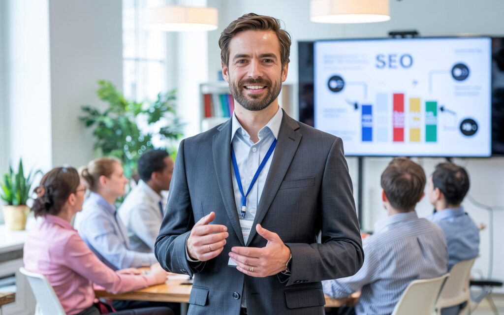 Señor con traje elegante enseñando SEO a alumnos