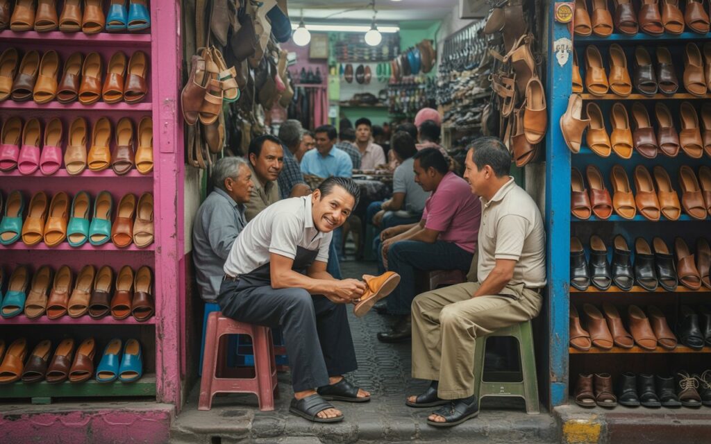 2 zapateros trabajando y vendiendo sus zapatos en una tienda