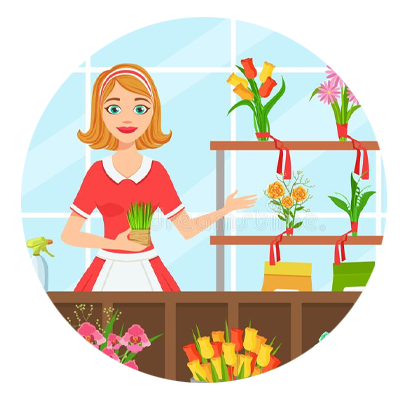 Animación de una señora en una florería