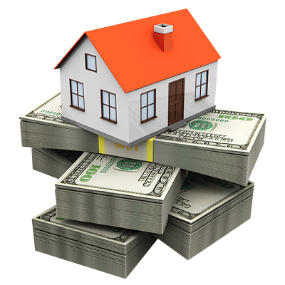 Una casa pequeña encima de muchos fajos de billetes de dólar
