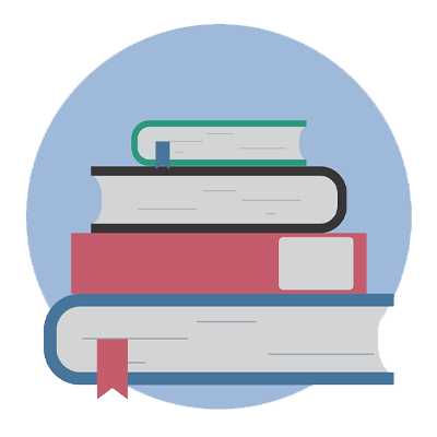 Cuatro libros de colores con un fondo azul pastel