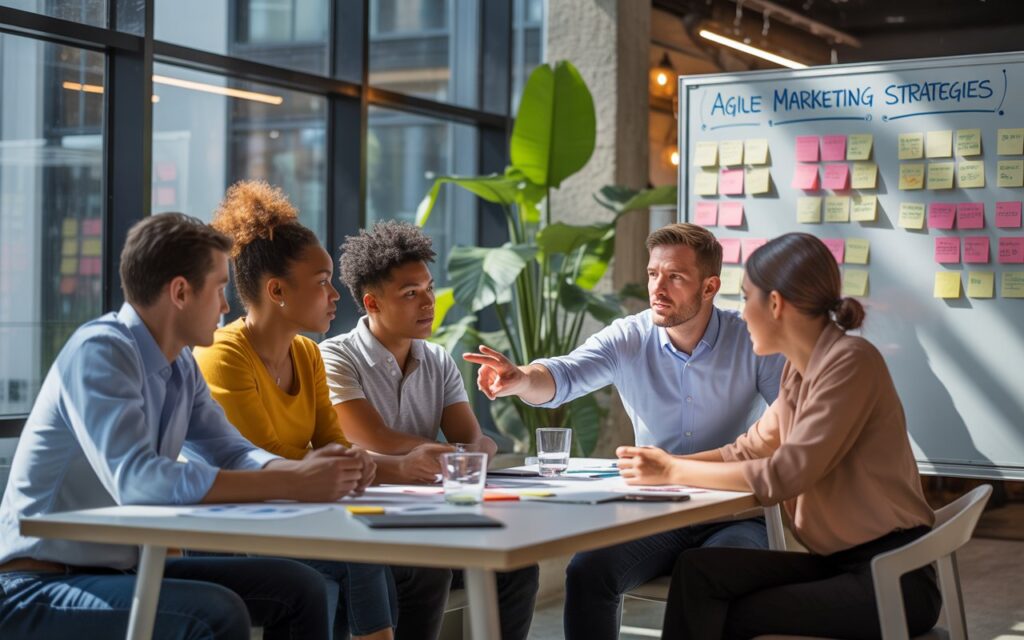 5 integrantes de una agencia de marketing conversando en una oficina muy bonita