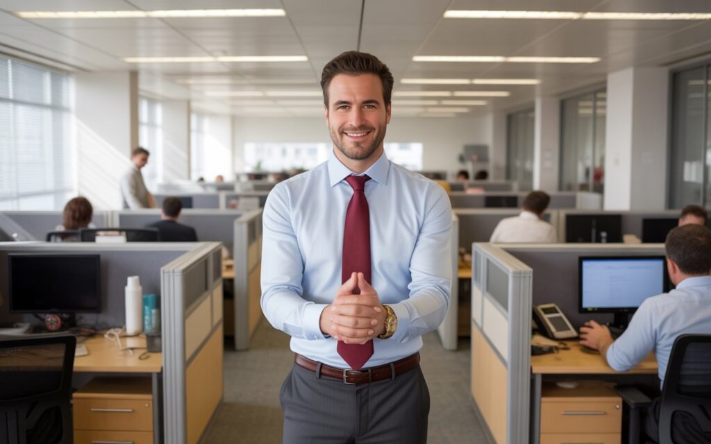 Trabajado muy contento mirando la cámara en medio de una oficina con muchas personas trabajando en cubículos