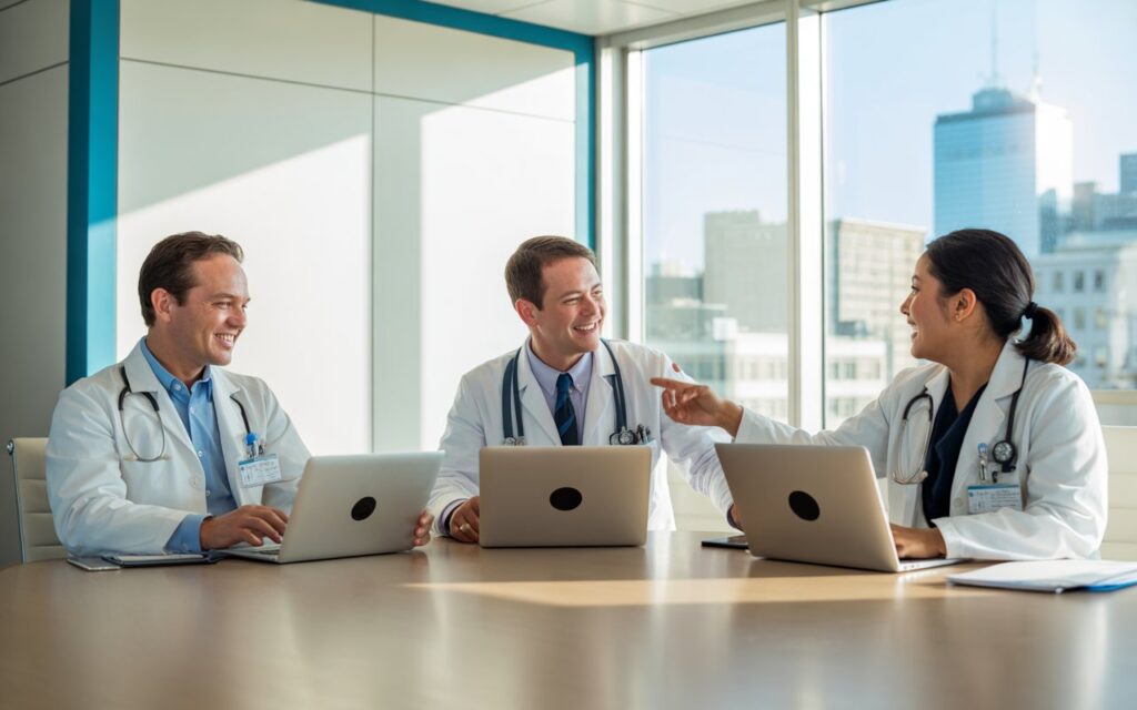 Tres médicos contentos estudiando en sus computadoras en una oficina muy elegante