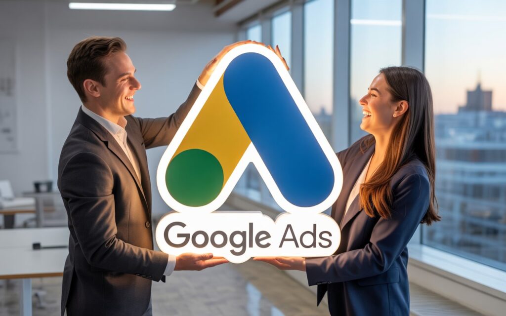 Dos emprendedores jóvenes sosteniendo en sus manos un enorme logo de Google Ads
