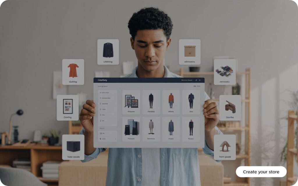 Joven diseñando plan de marketing y tiendas virtuales.